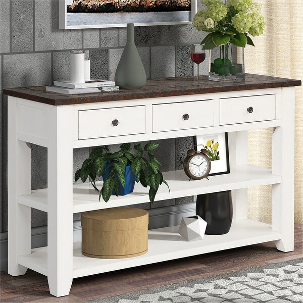 48'' Solid Pine Wood Top Console Table, Modern Entryway Sofa Side Table with 3 Storage Drawers and 2 Shelves. Easy to Assemble