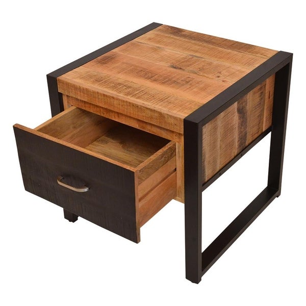 24 Inch Single Drawer Wooden Side Table with Metal Frame, Brown and Black - 24 L X 24 W X 24 H Inches