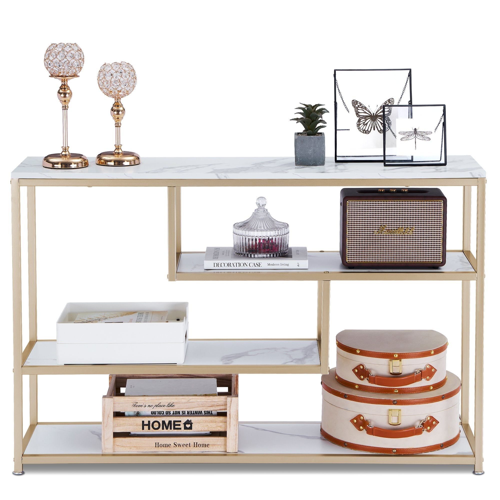 Mcombo 3-Tier Console Table with Storage, White Entryway Table with Shelves, Gold Small Table Sofa Tables for Living Room