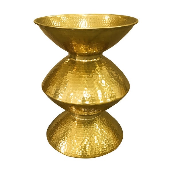 21 Inch Round Aluminum Side End Table, Hammered Embossed Metal Surface, Turned Pedestal Base, Gold - 14.5 L x 14.5 W x 20.5 H