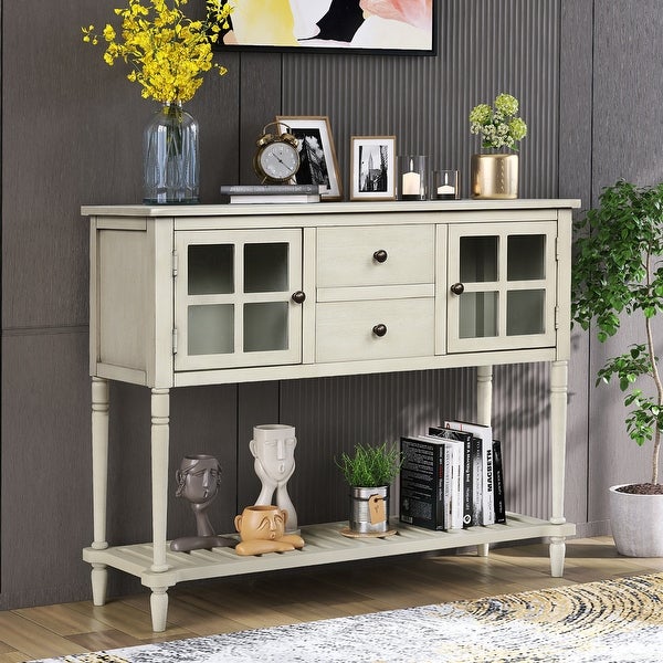 Sideboard Console Table with Bottom Shelf, Farmhouse Wood Glass Buffet Storage Cabinet Living Room Antique Grey