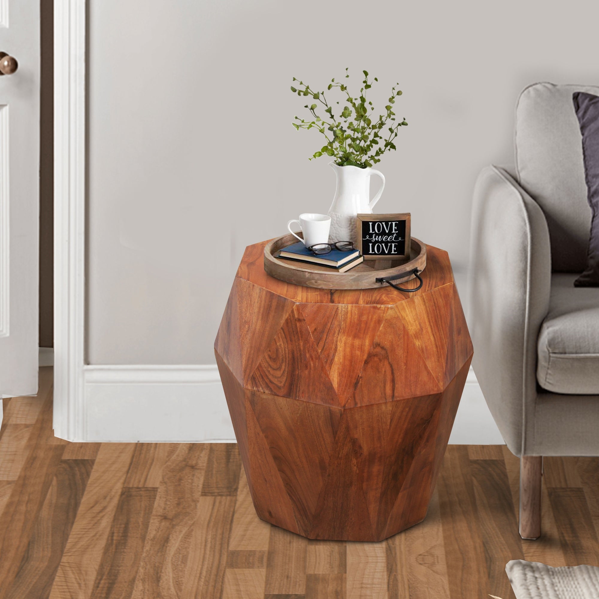Bon 22 Inch Artisanal End Side Table, Multifaceted Solid Acacia Wood, Octagon Top, Warm Brown