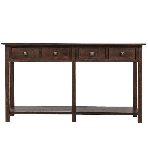Rustic Brushed Texture Console Table with 4 Drawers and a Open Bottom Shelf, Classic Wood Entryway Table for Living Room, Entryway