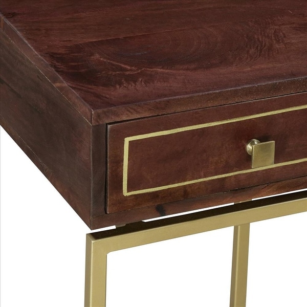Bedside Table with 1 Drawer and Tubular Metal Legs, Brown and Brass - Brown and Brass - 22 H x 16 W x 15 L Inches