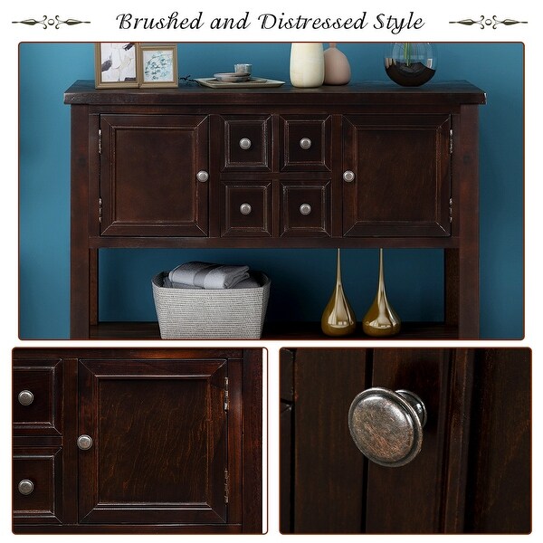 Wooden Console Table with 4 Storage Drawers and 2 Cabinets, Sofa Table with Bottom Shelf and Solid Wood Legs, Espresso