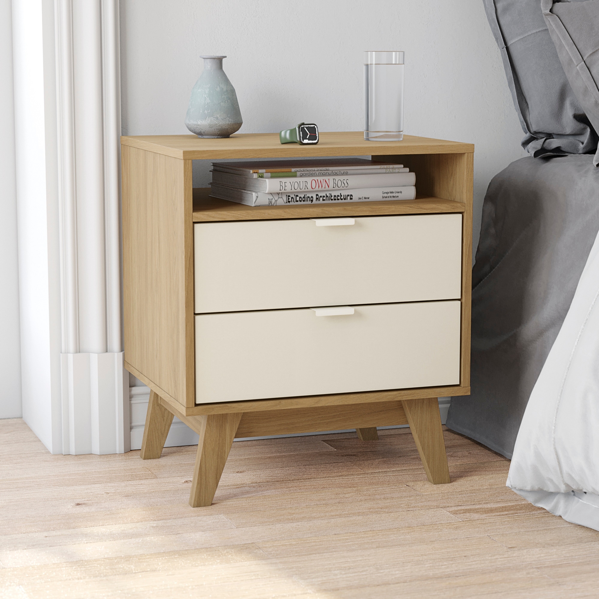 Hartford 2 Drawer Nightstand with Niche in Light Brown Crème - - 3705