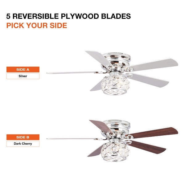 48 Chrome Wooden 5-Blade Crystal Flush Mount Ceiling Fan with Remote |