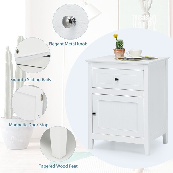 Modern End Side Table Freestanding Nightstand with Drawer and Cabinet