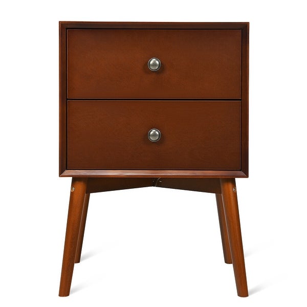 Nightstand Mid-Century End Side Table with 2 Drawers and Rubber Wood L