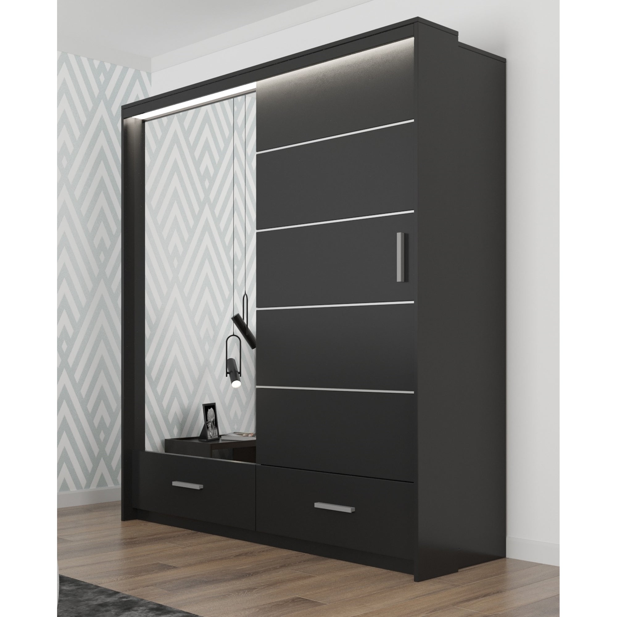 Donovan Modern Wooden Wardrobe - Armoire with Drawers and LED Lighting