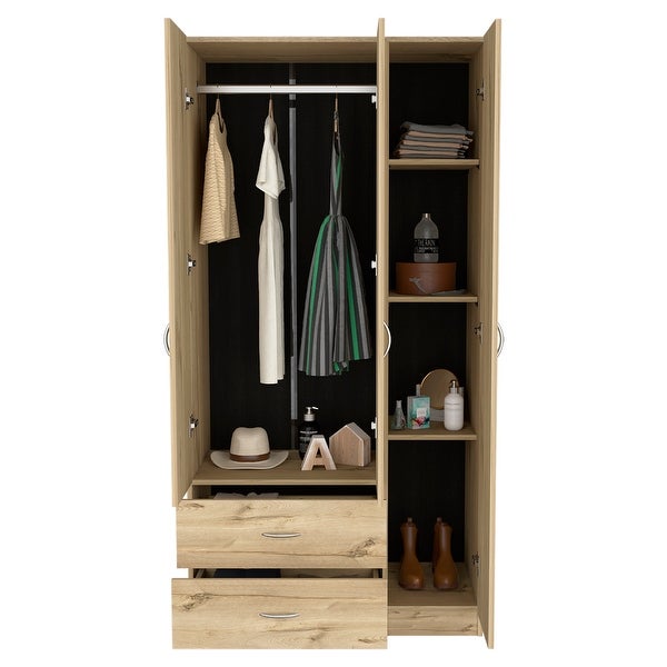 TUHOME Austral 3 Door Armoire with Drawers, Shelves, and Hanging Rod -