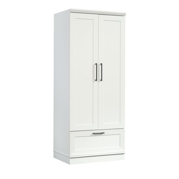 Wood Wardrobe with Drawer and Adjustable Base Level in White - - 36787