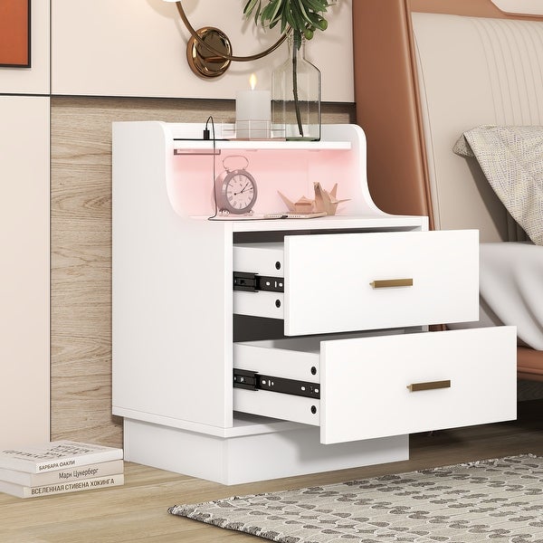 Multifunctional Nightstand with 2 Drawers, Shelf with USB Charging Des