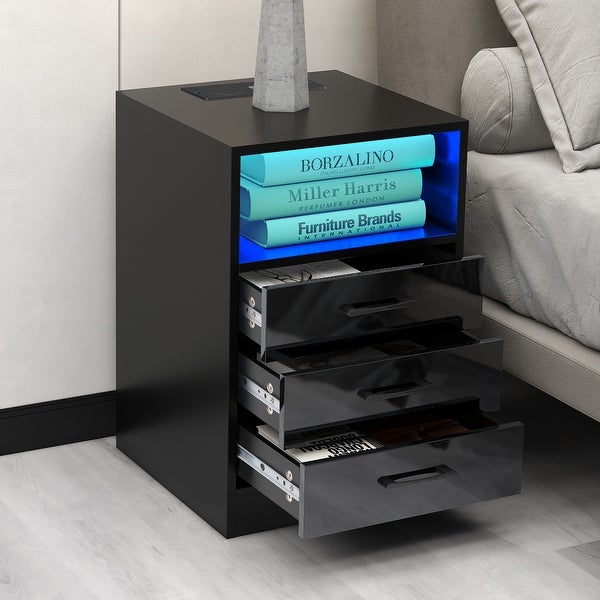 LED Nightstand with 3 Drawers,USB Charging Ports, Wireless Charging -