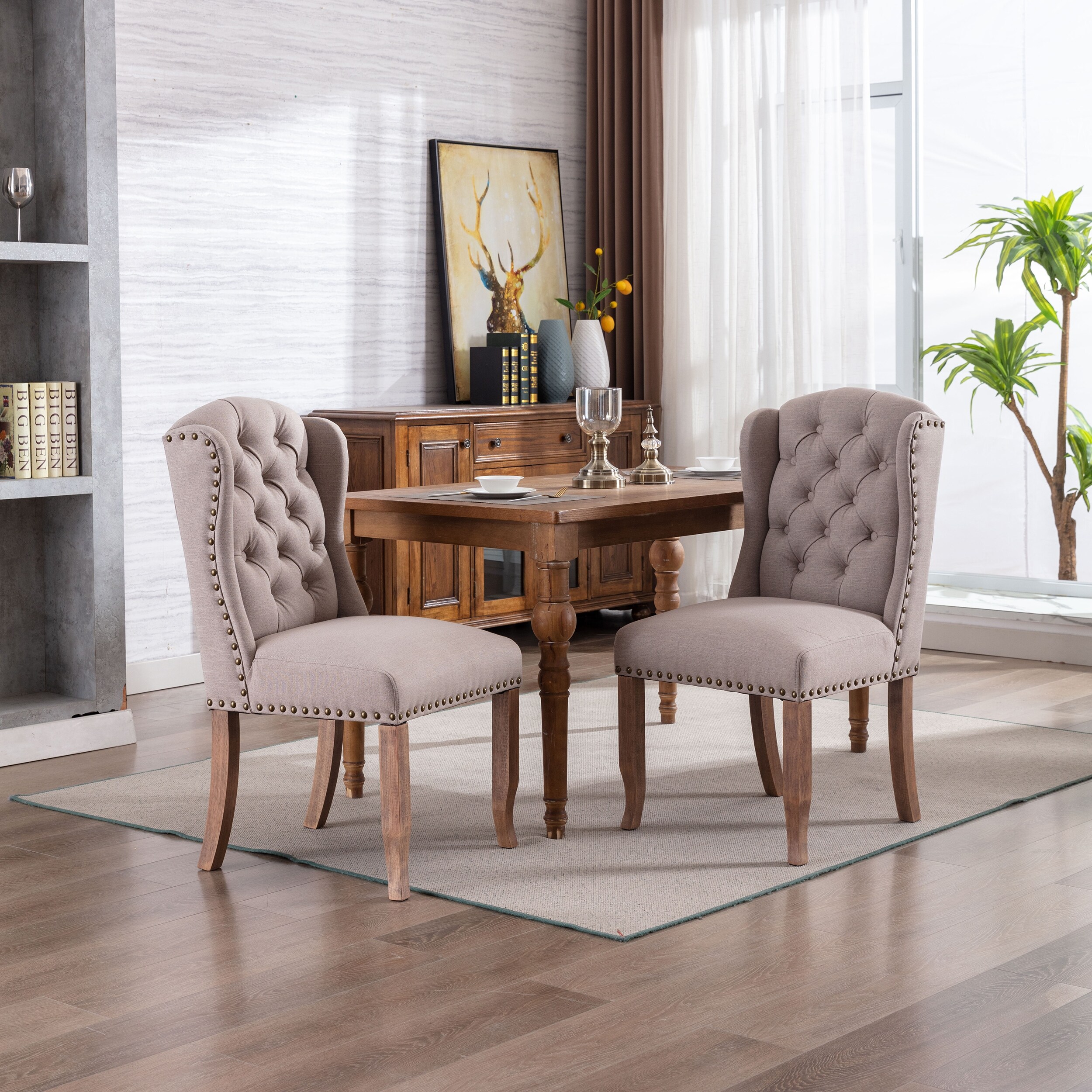 Modern Set of 2 Upholstered Fabric Dining Chairs with Wing Back Tufted