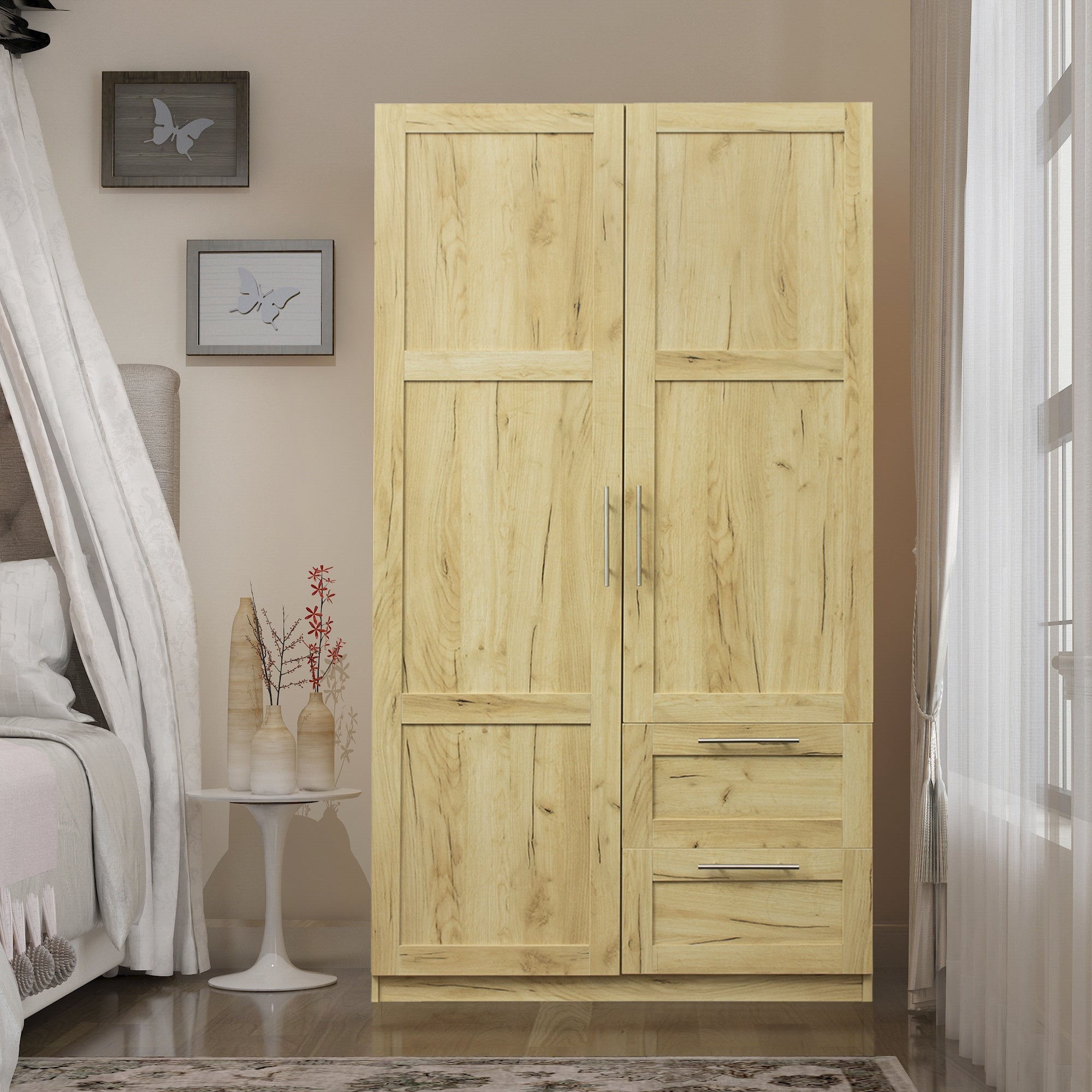 High wardrobe and kitchen cabinet with 2 doors, 2 drawers and 5 storag