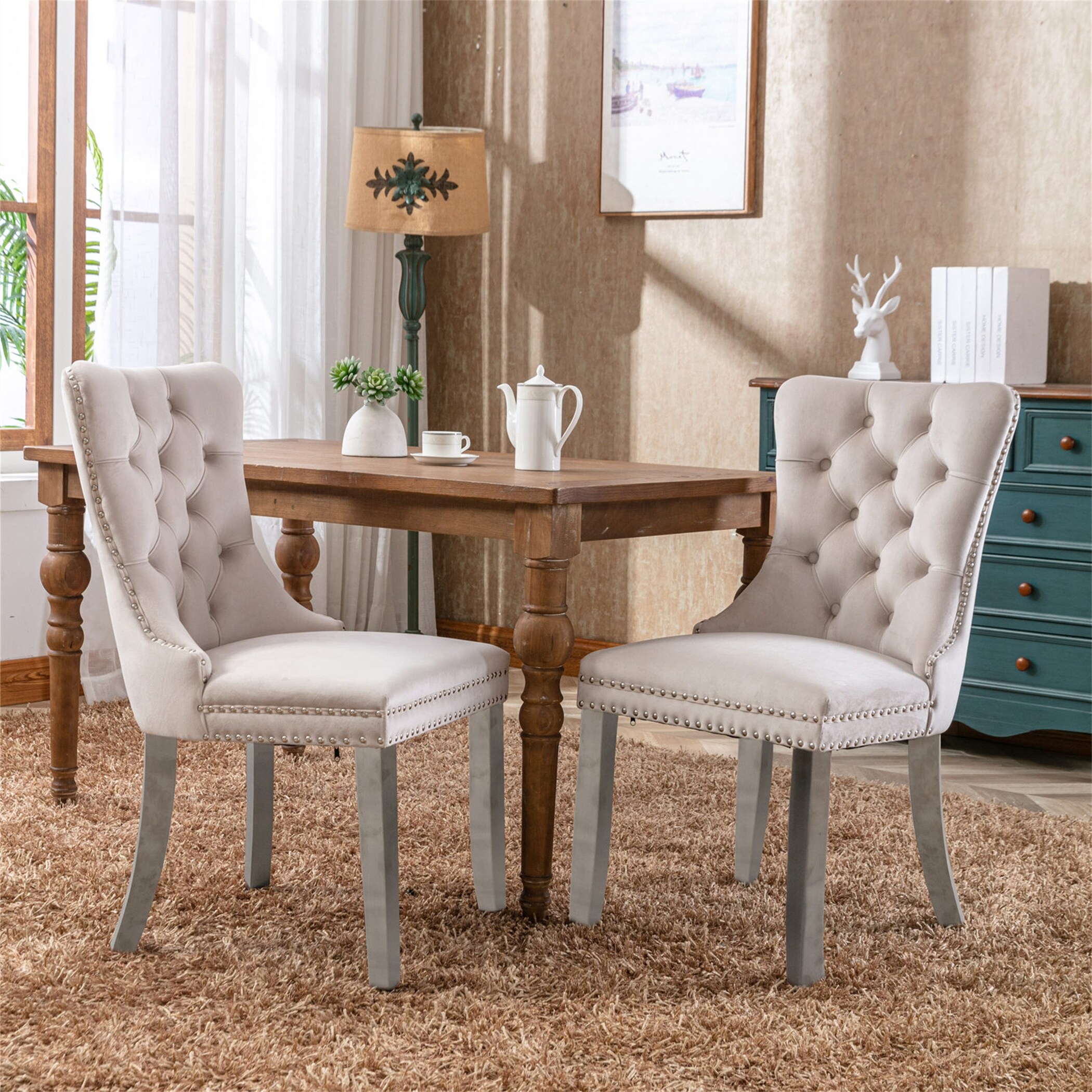 Beige Tufted Solid Wood Velvet Upholstered Dining Chair Set of 2 - Ove