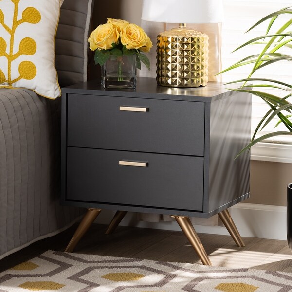 Kelson Modern Dark Grey and Gold Finished Wood 2-Drawer Nightstand - -