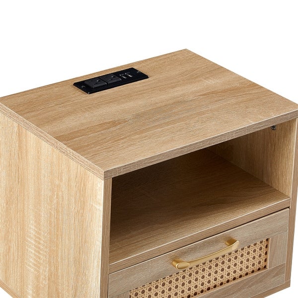 Nightstand Rattan End Table With Outlet USB Ports And drawer - - 37454