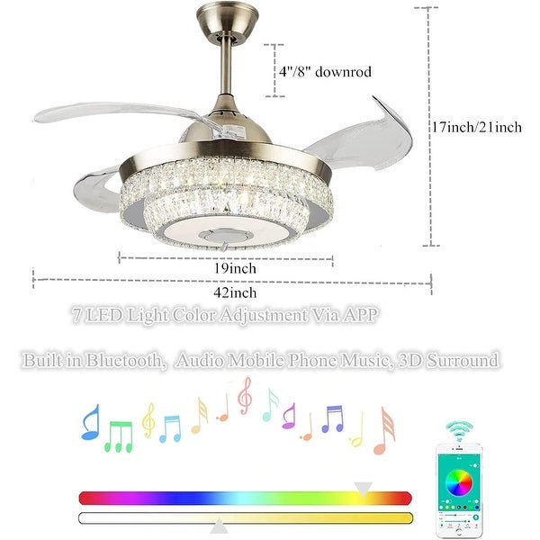 42 Inch Modern Ceiling Fan with 7 Colors Dimmable LED Lights, Bluetoot