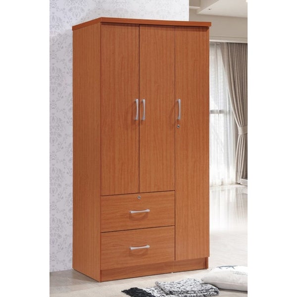 Hodedah Import 3 Door Armoire with Clothing Rod, Shelves, and 2 Drawer