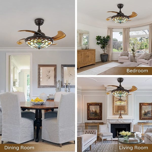 36'' Retractable Tiffany Ceiling Fan with Light and Remote Reversible