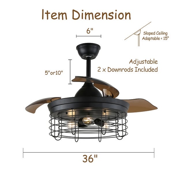 Oaks Aura 42In Industrial 3-blade retractable Cage Ceiling Fan with Re