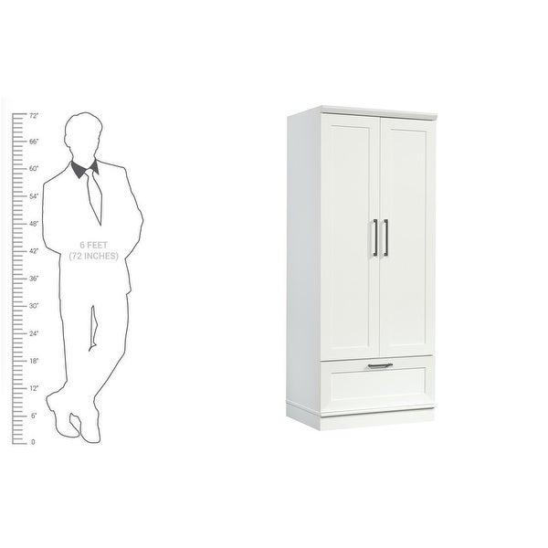 Wood Wardrobe with Drawer and Adjustable Base Level in White - - 36787