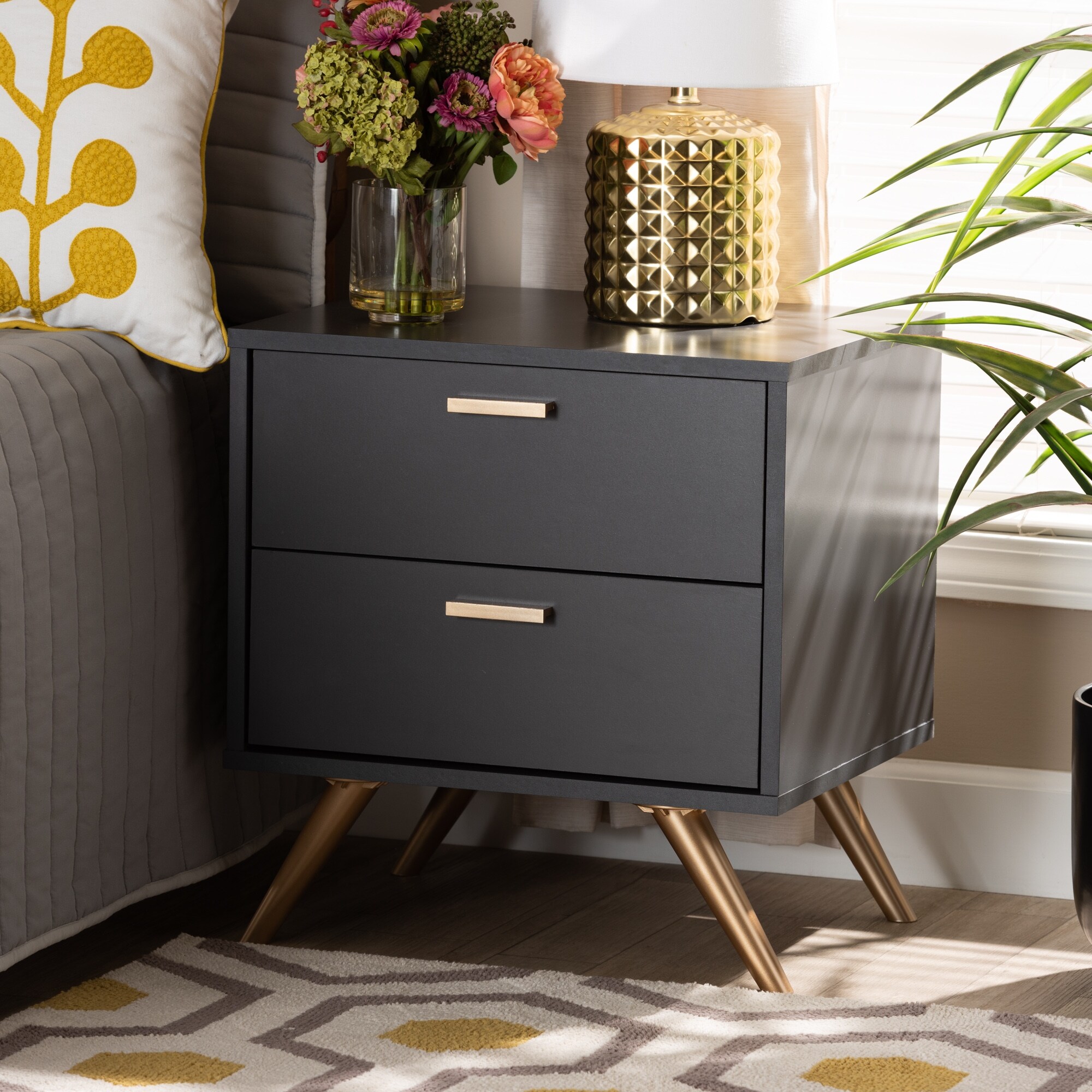 Kelson Modern Dark Grey and Gold Finished Wood 2-Drawer Nightstand - -