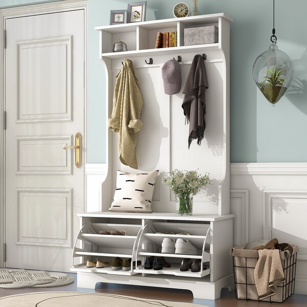 All In One Hall Tree with 3 Top Shelves and 2 Flip Shoe Storage Drawer