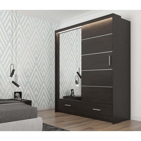 Donovan Modern Wooden Wardrobe - Armoire with Drawers and LED Lighting