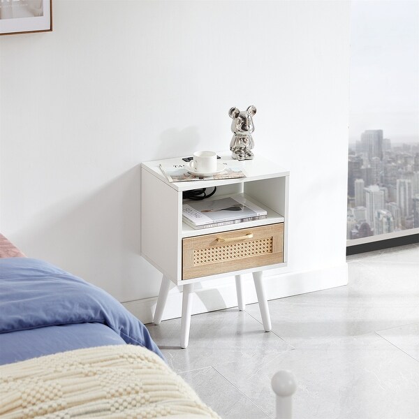 Nightstand Rattan End Table With Outlet USB Ports And drawer - - 37454