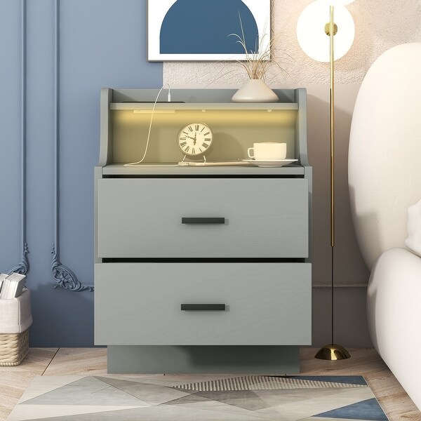 Multifunctional Nightstand with 2 Drawers, Shelf with USB Charging Des