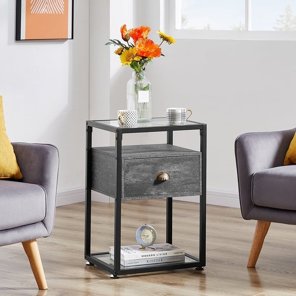 Javlergo Modern Tempered Glass Nightstand with 1-Drawer and Storage Sh