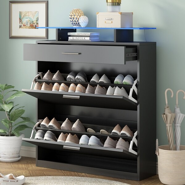 Shoe Cabinet with 2-Flip Drawers, Tempered Glass Top Shoe Storage Cabi