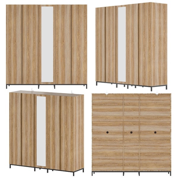 Spacious 5 Door Oak Wardrobe with Mirror 82.7W Closet Cabinet Armoire