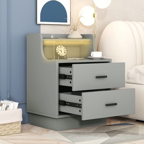 Multifunctional Nightstand with 2 Drawers, Shelf with USB Charging Des