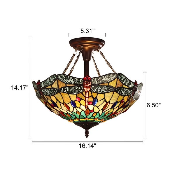 Tiffany-Style Dragonfly Design 2-light Dark Bronze Semi-Flush Mount -