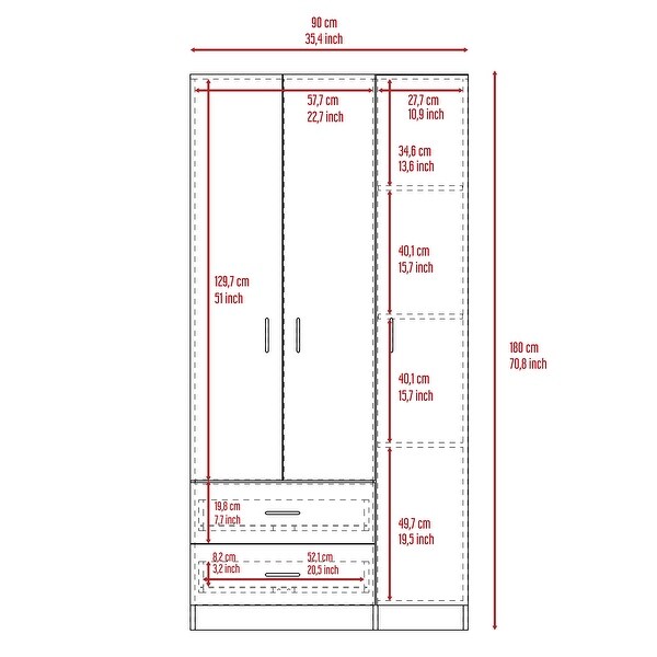 Bosko 3 Doors Armoire, 2 Drawers, 4 Shelves, Metal Rod - - 34518435