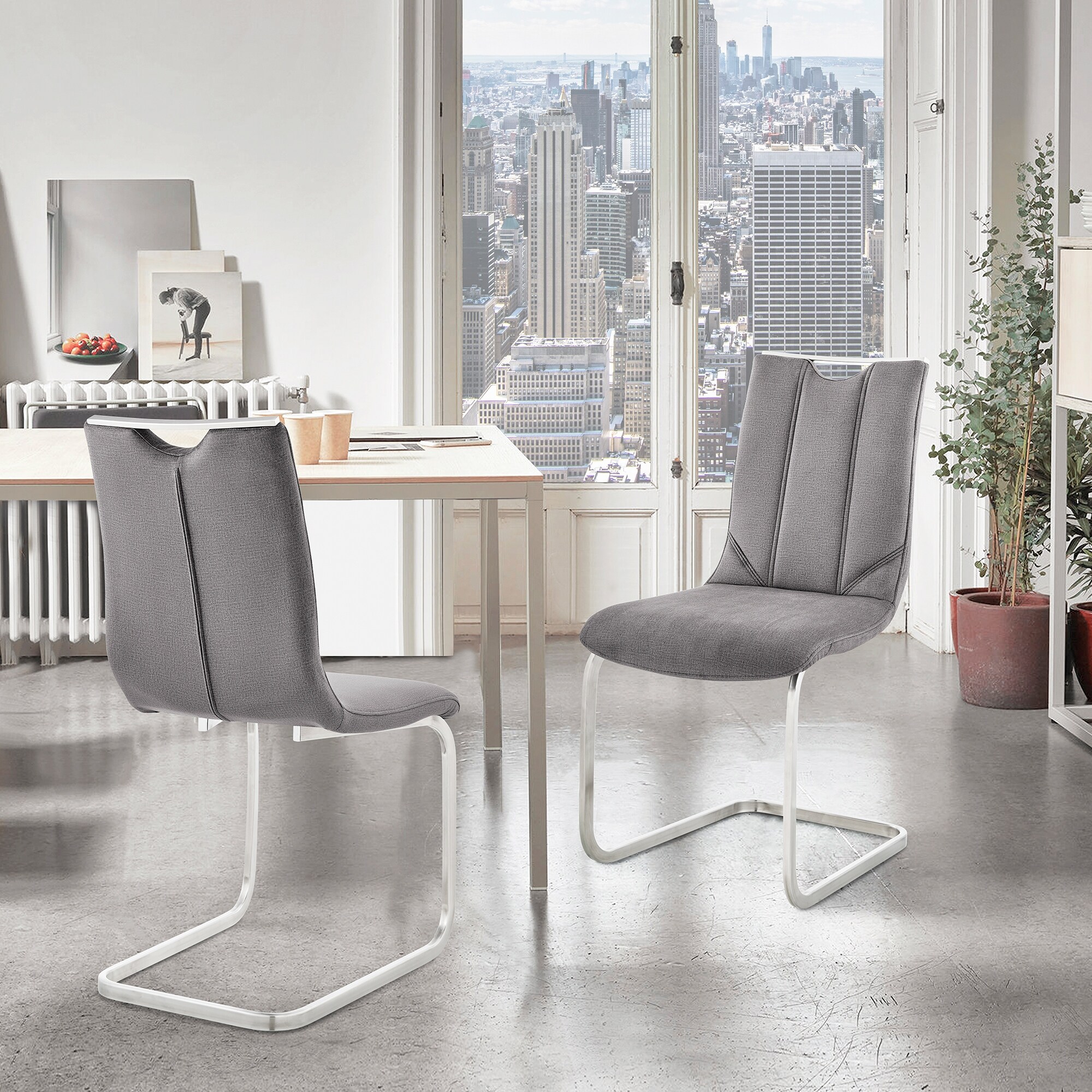 Pacific Modern Metal and Grey Upholstered Dining Chairs - Set of 2 - O