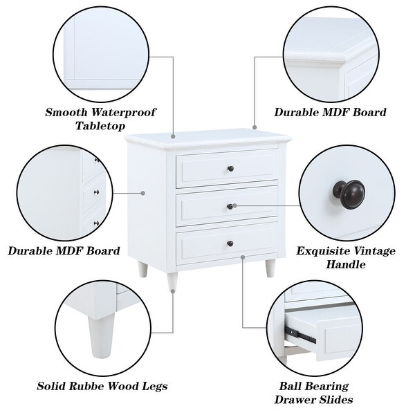 Modern Vintage 3 Drawer Wood Nightstand, White Wood Bedside Table, Sid