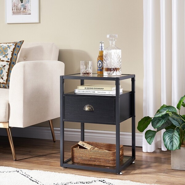 Javlergo Modern Tempered Glass Nightstand with 1-Drawer and Storage Sh