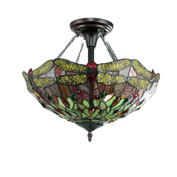 Tiffany Style Dragonfly Design 2-light Dark Bronze Semi-Flush Fixture