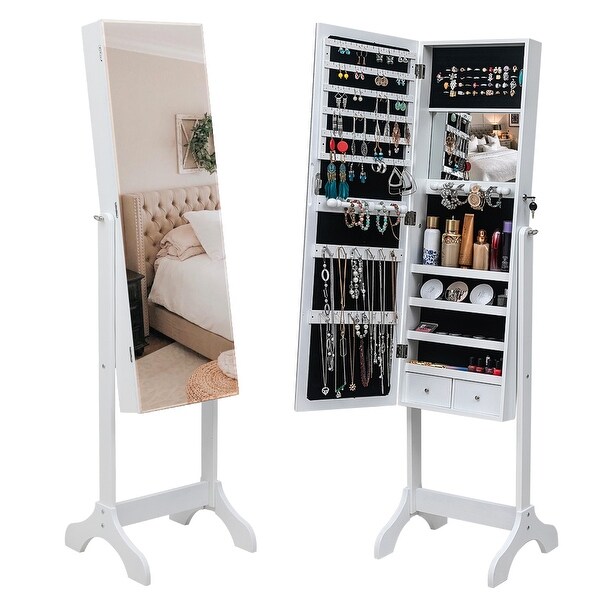 Full Mirror Floor Standing 4-Layer Adjustable Mirror Jewelry Cabinet w