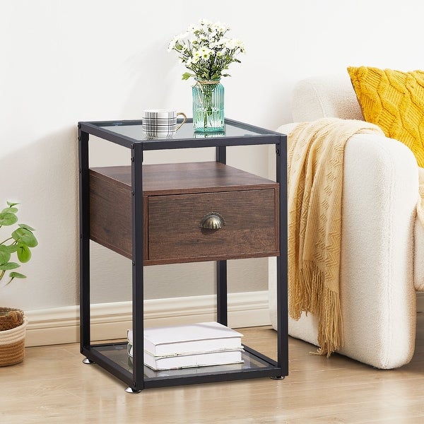 Javlergo Modern Tempered Glass Nightstand with 1-Drawer and Storage Sh