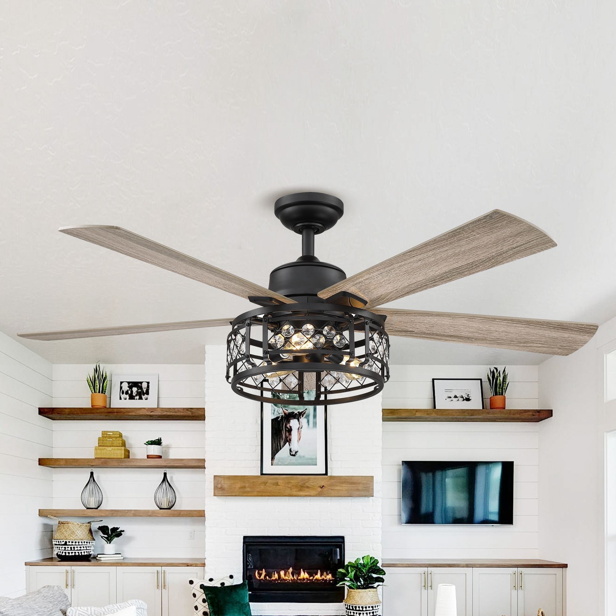 52 Oak Wooden 5-Blade Crystal LED Ceiling Fan with Remote - 3-Light |