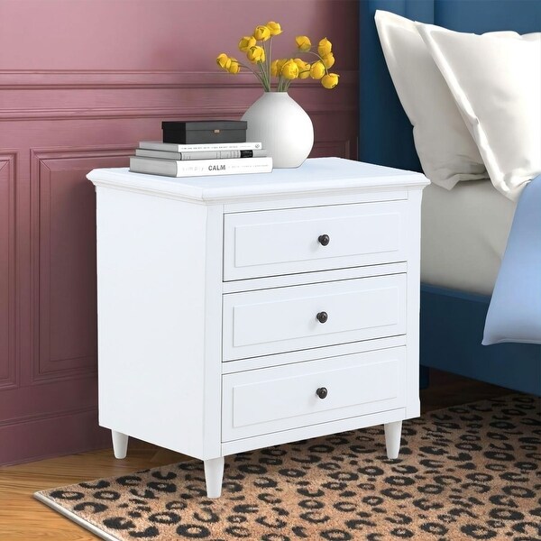 Modern Vintage 3 Drawer Wood Nightstand, White Wood Bedside Table, Sid