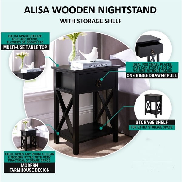 Alisa Bedside Table Set of 2 Night Stand Wooden End Tables Set of 2 Si