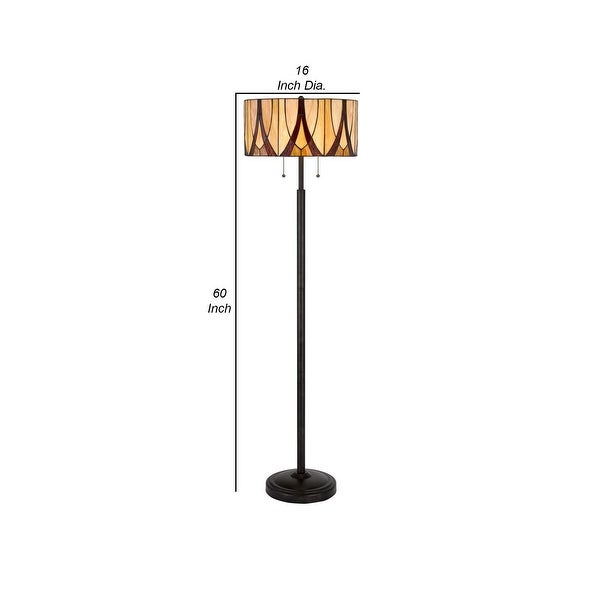 Eli 60 Inch Tiffany Style Floor Lamp, Glass Shade, Metal Base, Antique