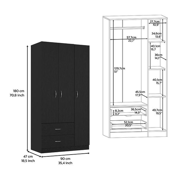 Bosko 3 Doors Armoire, 2 Drawers, 4 Shelves, Metal Rod - - 34518435